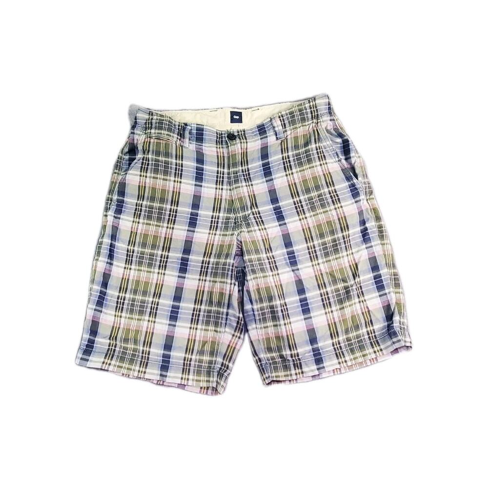 Gap Shorts Men Sz 33 Blue Green Plaid Patchwork Flat Front Relaxed Casual C17